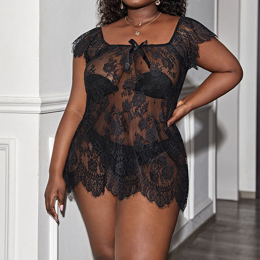 Black lace lingerie set worn by a model against a neutral background
