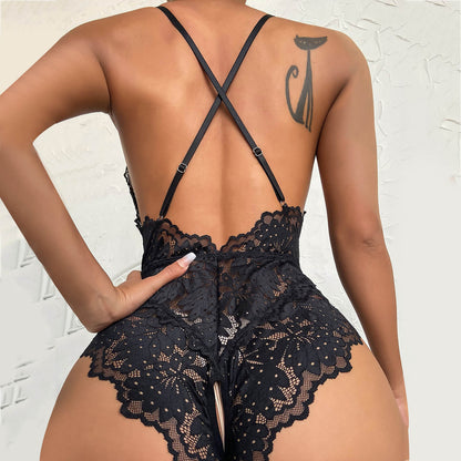 Sexy Lace One-Piece Lingerie – Hollow-Out Deep V Plunge with Open Crotch for Women