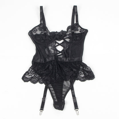 Seductive Lace Cutout Sling Jumpsuit – See-Through Mesh Pajamas for Women
