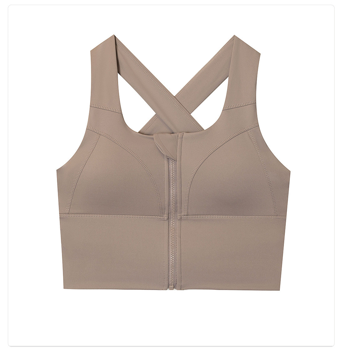 Beige sports bra with criss-cross back design on a white background