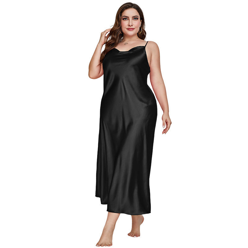 Plus Size Satin Sling Nightdress – Fashionable, Breathable, Long Sleepwear for Women