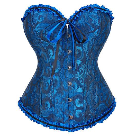 Blue corset with intricate patterns on a white background