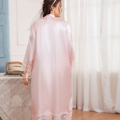 Summer Ice Silk Robe – Simple, Casual Mid-Length Nightgown with Long Sleeves for Women