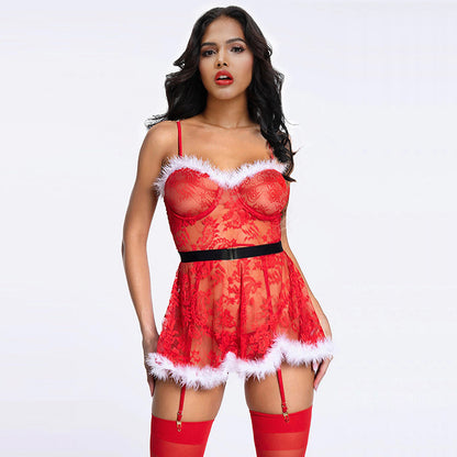 Woman wearing a red lingerie set with white trim on a white background