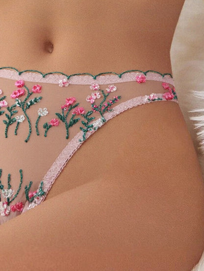Mesh Floral Embroidery Lingerie Set – Sweet & See-Through Two-Piece Outfit for Women