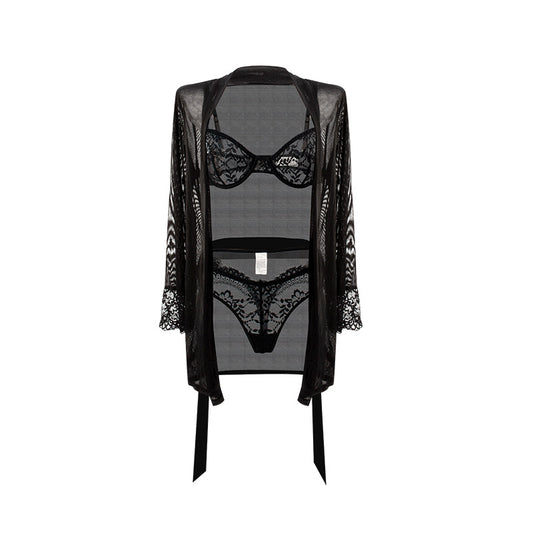 Black lace lingerie set with matching robe on a white background