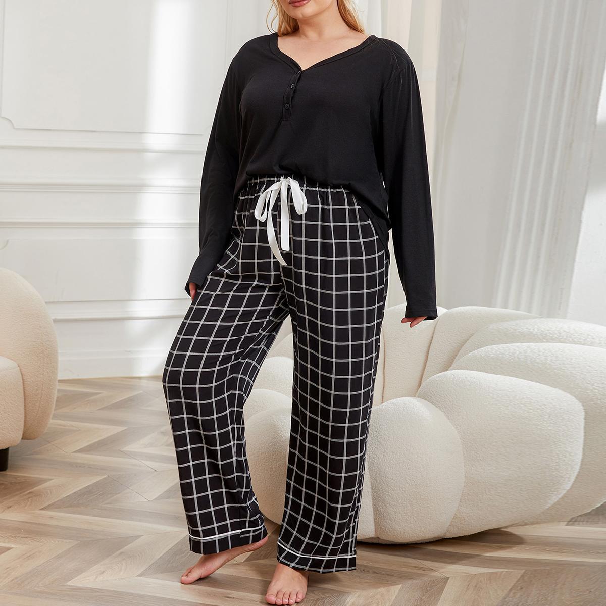 “Plus size woman wearing V-neck long sleeve autumn winter pajama set at home”