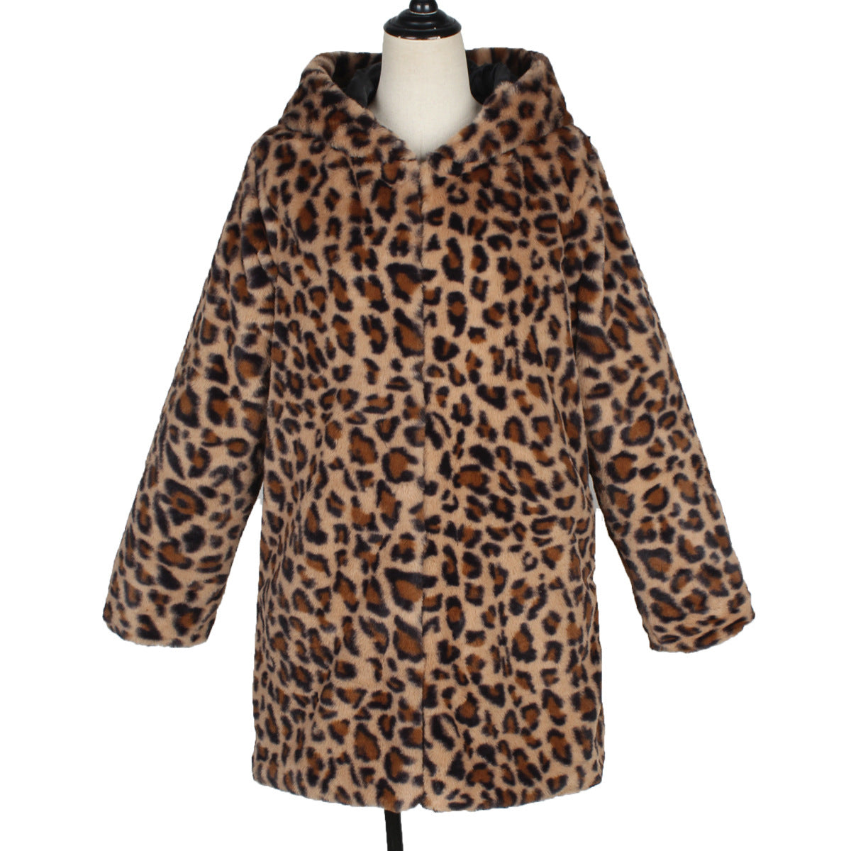 Leopard print coat on a mannequin against a white background