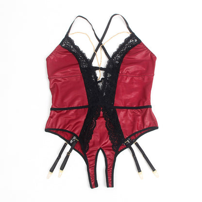Sexy Open Crotch Underwear Wine Red Faux Leather Deep V Plunge Neck Halter Sexy Sleeveless Jumpsuit