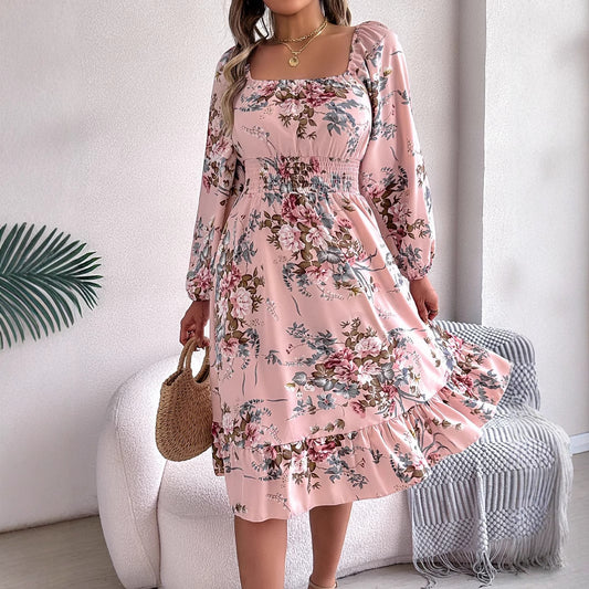 Spring Summer Elegant Floral Square Collar Long Sleeve Waist Trimming Ruffles A line Women Clothing