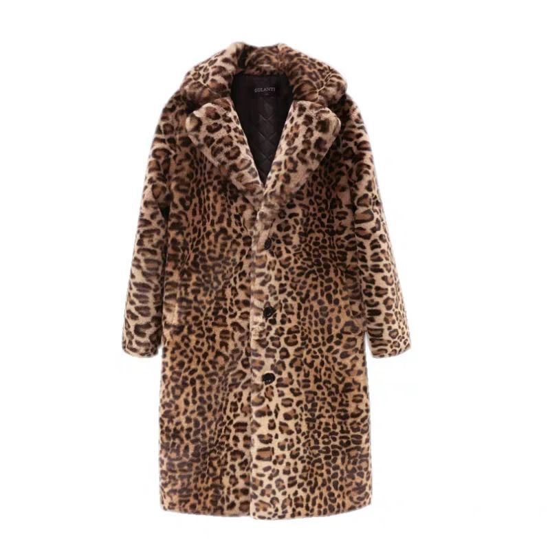 Leopard Cozy long plush faux fur winter coat for curvy women