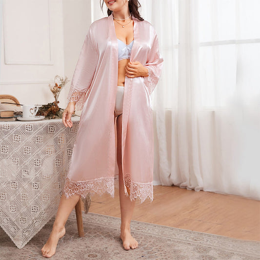 Summer Ice Silk Robe – Simple, Casual Mid-Length Nightgown with Long Sleeves for Women