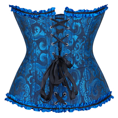 Blue corset with intricate patterns and black lace-up details on a white background