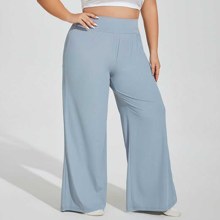 Light blue wide-leg pants worn by a person on a white background