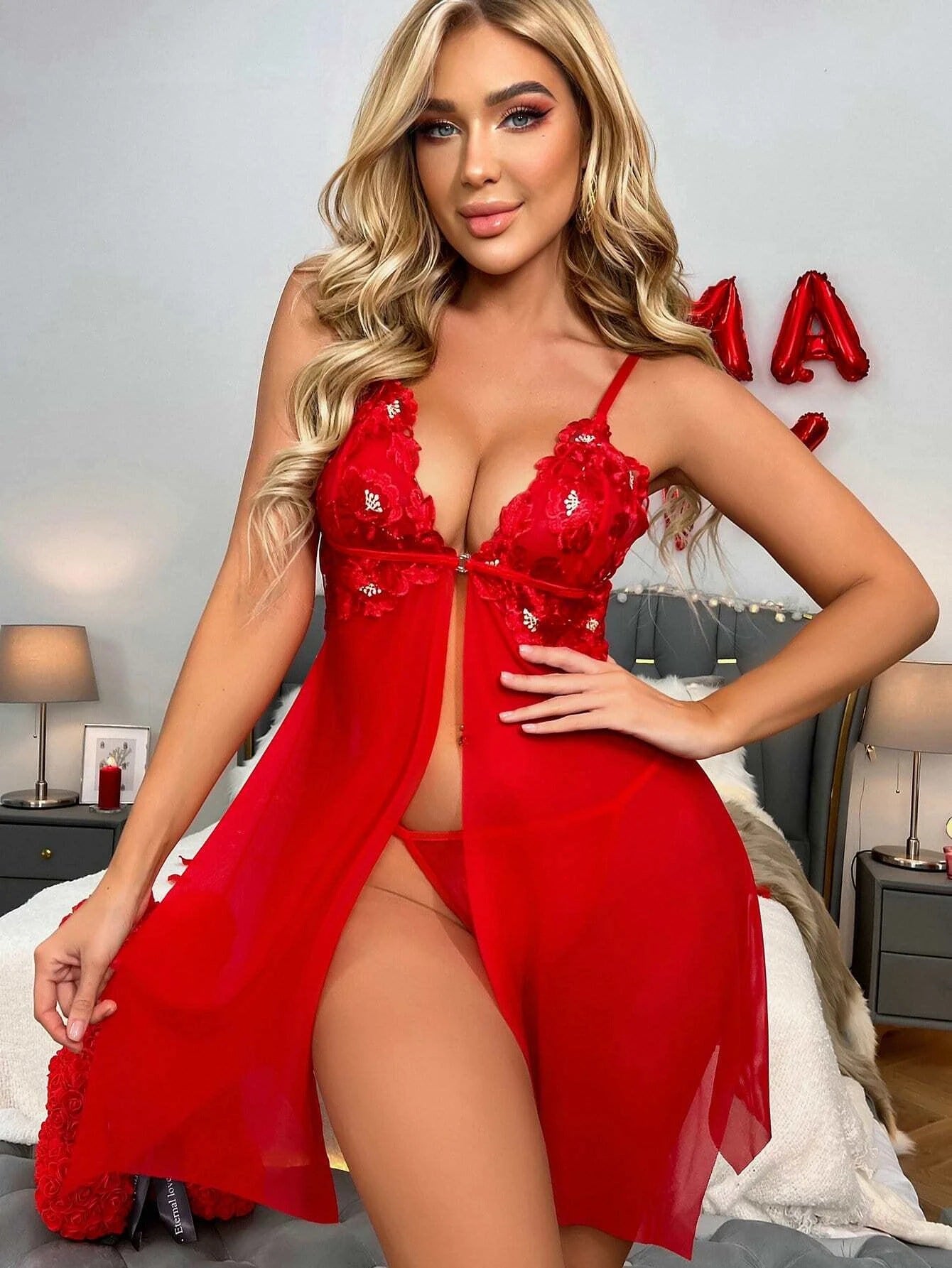 Sexy Red Mesh Lingerie – Camisole Nightdress Suit for Women