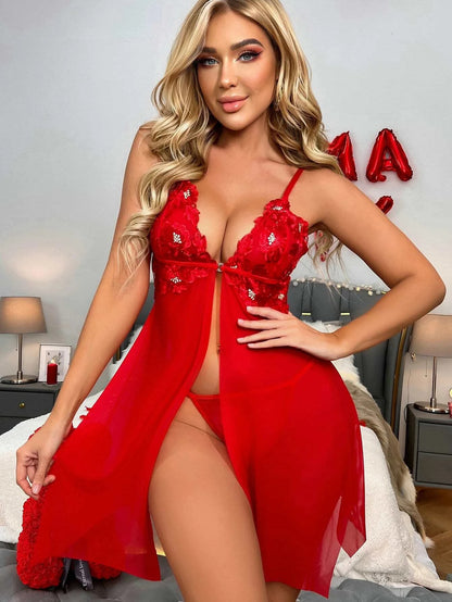 Sexy Red Mesh Lingerie – Camisole Nightdress Suit for Women