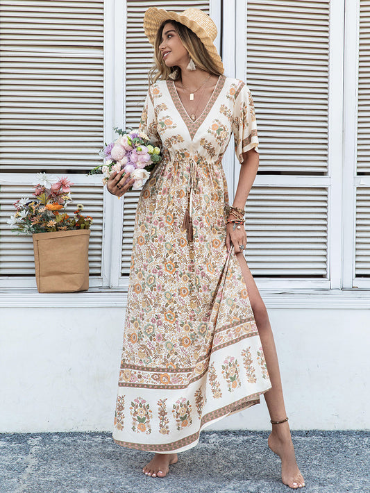 Women Bohemian Beige Printed Dress Long Tassel