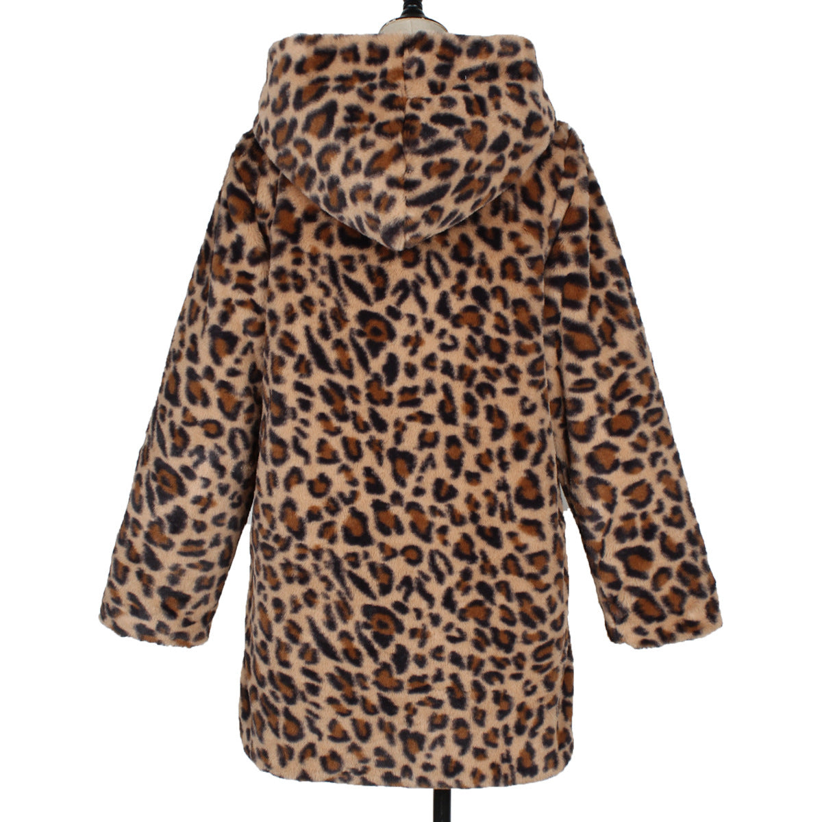 Leopard print coat on a mannequin against a white background