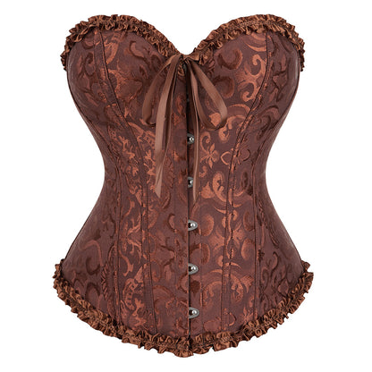 Brown corset with intricate patterns on a white background