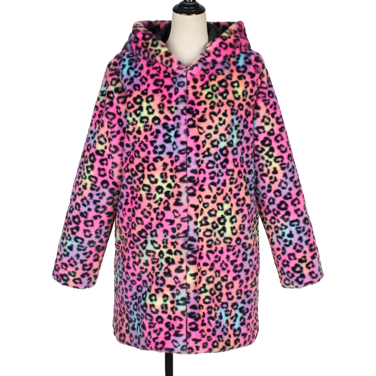 Colorful leopard print jacket on a mannequin against a white background