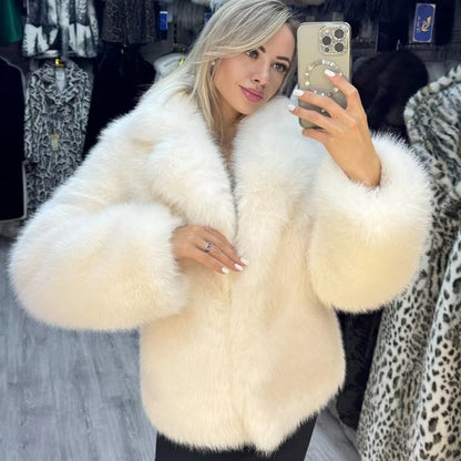 Close-up of plush fox-style faux fur on plus size coat