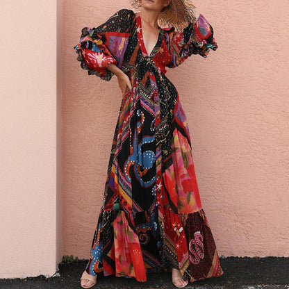Women Clothing Printed Bohemian Casual V-neck Long-Sleeve Dress Patchwork Macthing