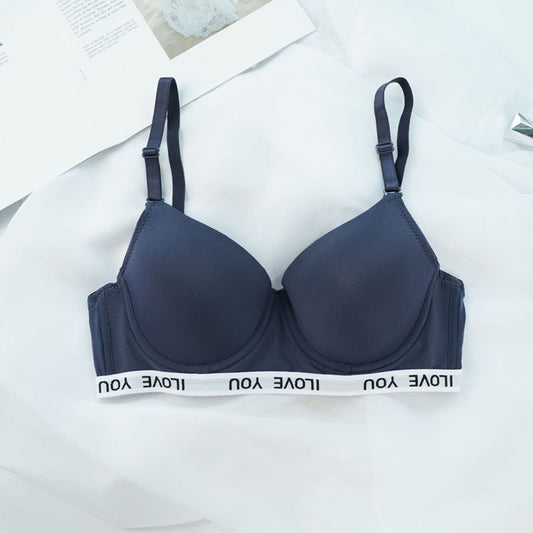 Navy blue bra with 'I Love You' waistband on a white background