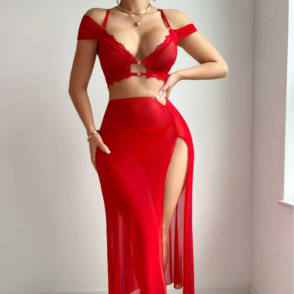 Sexy Slim Slit Skirt Lingerie Set – Three-Piece Outfit for Women