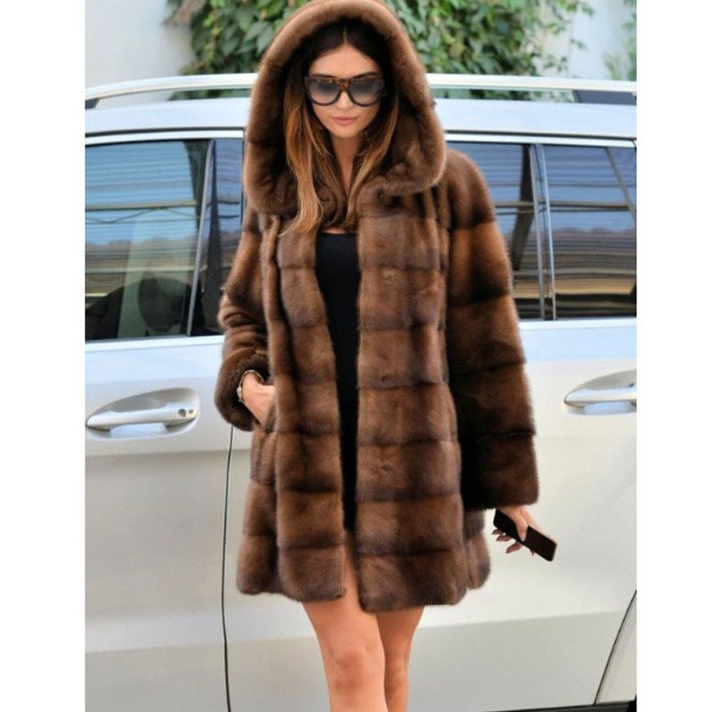 Hooded plus size faux fur coat showing plush mink texture