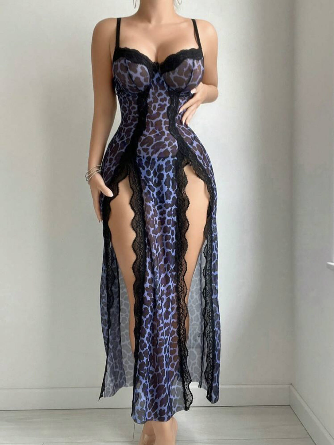 Wild Seduction Leopard Print Two-Piece Nightdress – Sexy See-Through Lingerie Set