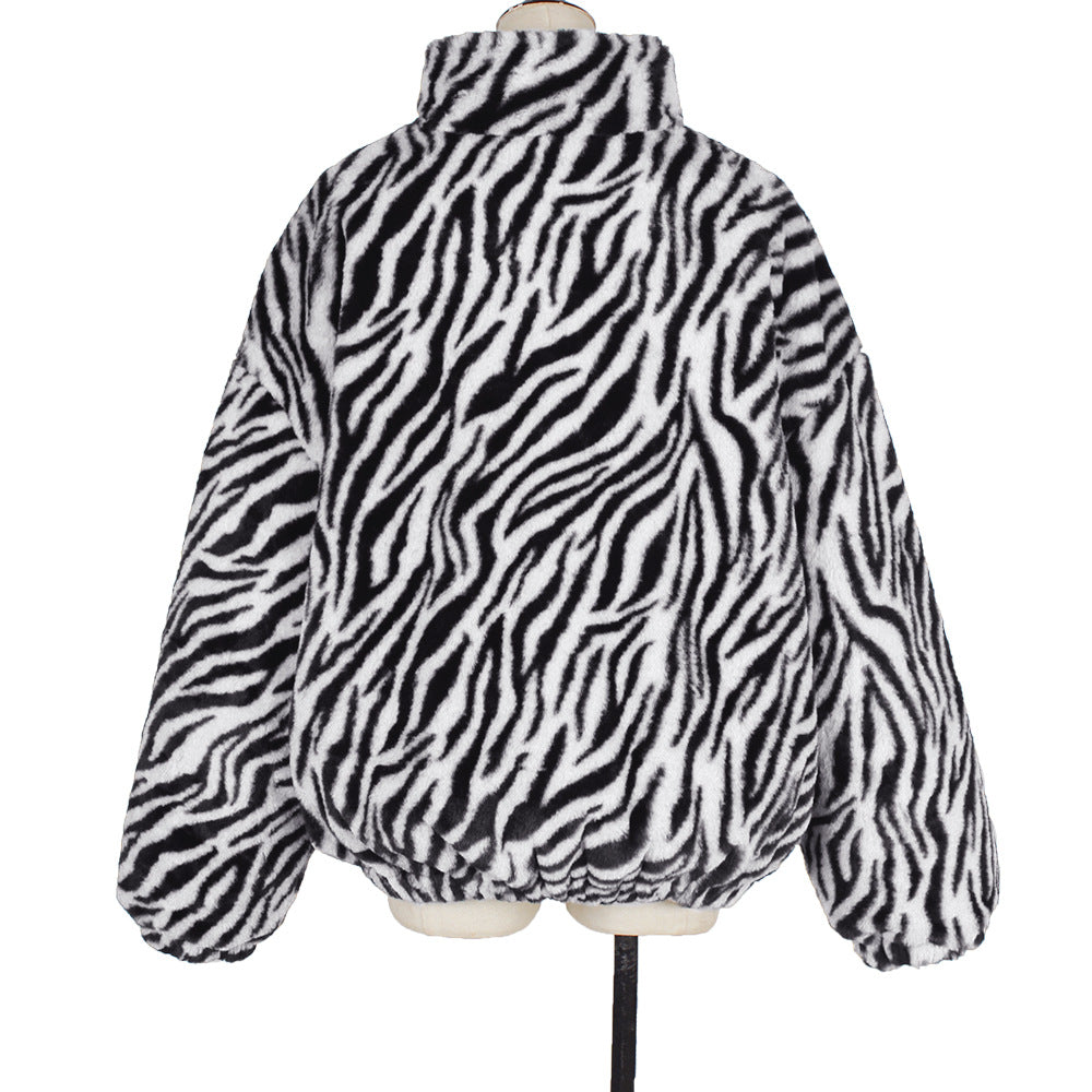 Zebra pattern jacket on a mannequin against a white background