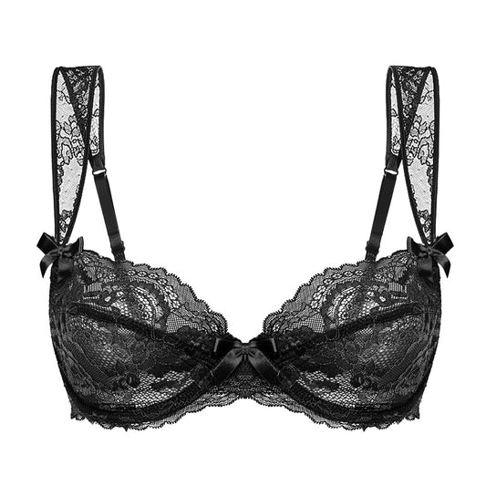 Black lace bra with bow details on a white background