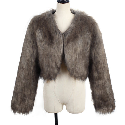 Gray fur jacket on a mannequin against a white background
