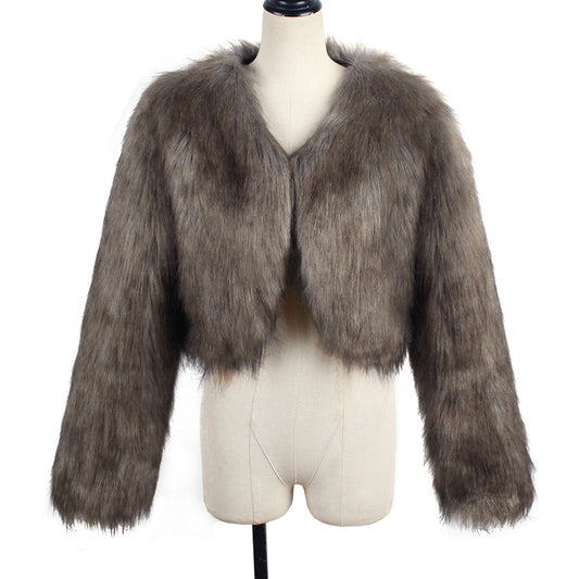 Gray fur jacket on a mannequin against a white background