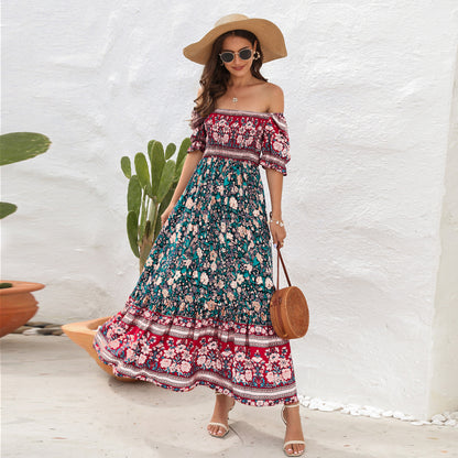 “Bohemian off shoulder puff sleeve floral mid length summer dress”