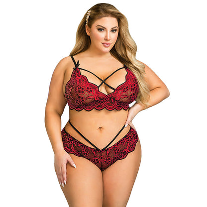 Plus Size Sexy Lingerie – Lace Cross Belt Embroidered Bra Set