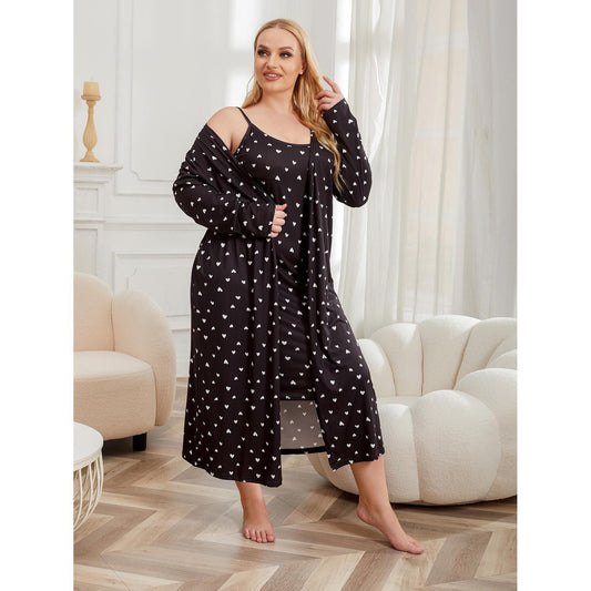 Plus Size Satin Pajamas Set – Luxury Cool-Feel Nightgown & Bathrobe Two-Piece Homewear