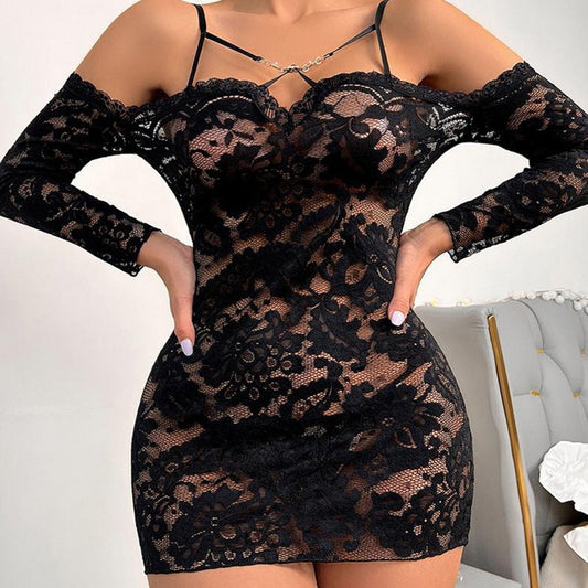 “Midnight Charm: Slim-Fit Lace See-Through Bag Strap Dress – Sexy Lingerie Uniform”