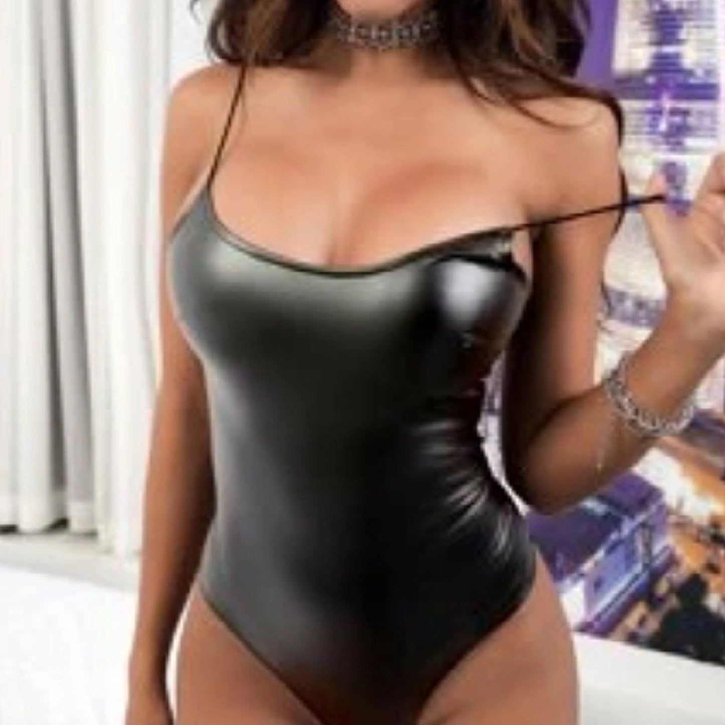 Edgy Allure Off-the-Shoulder Patent Leather Jumpsuit – Sexy Nightclub Outfit