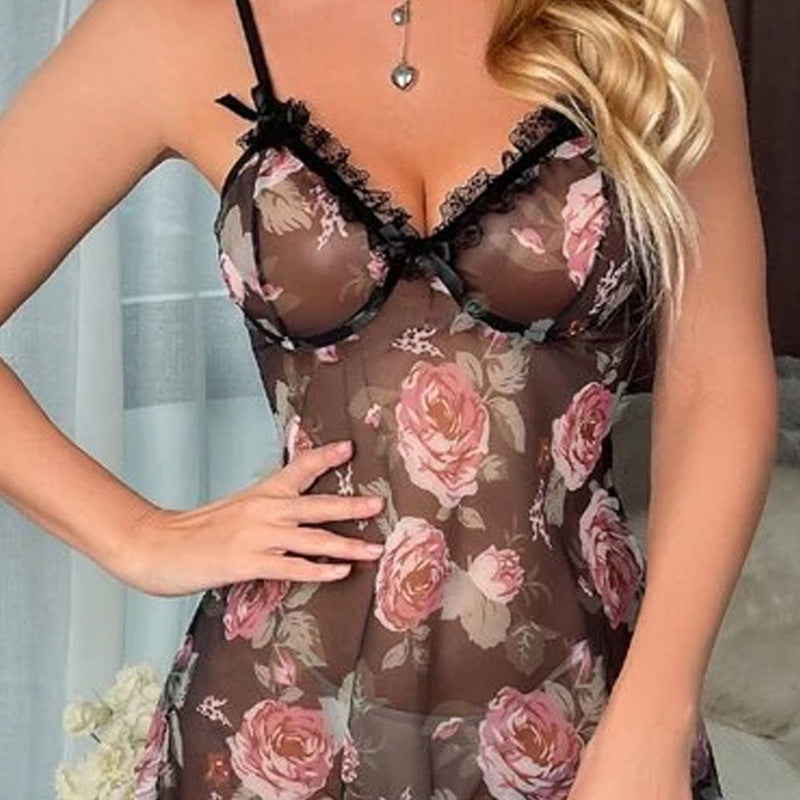 Blossom Nights: Spring-Summer Floral Lace Strap Lingerie Pajamas – See-Through Seduction