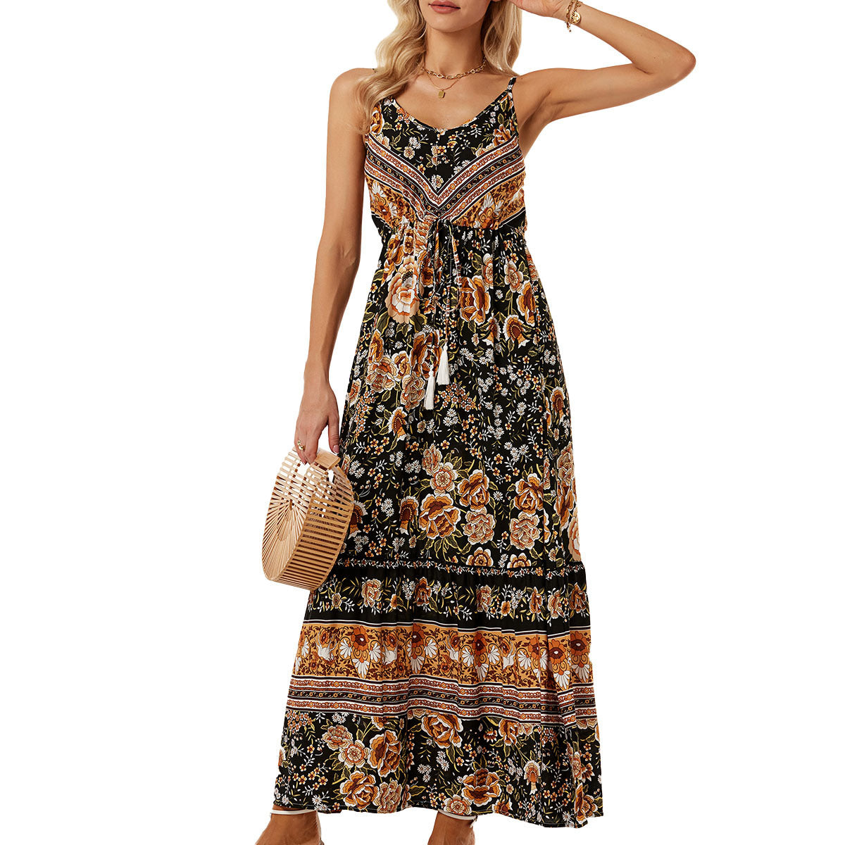 Women Bohemian Strap Dress Printed Vacation Beach Dress