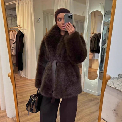 Coffee Close-up of thick plush fox-style faux fur and belt on plus size coat