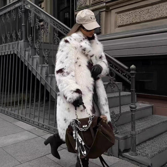 Faux Fur Coat Cow Point Printing Fox Fur Coat Extended Winter Environmental Protection Fur Coat