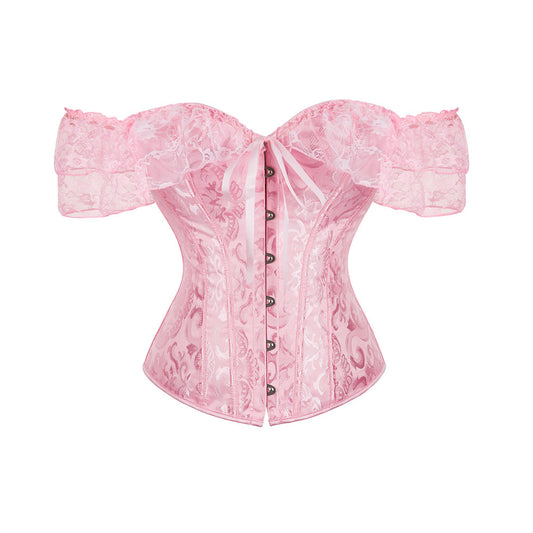 Pink lace top with puff sleeves on a white background