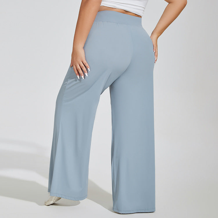 Light blue wide-leg pants worn by a person on a white background