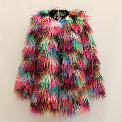 Multicolored fur vest on a hanger against a beige background