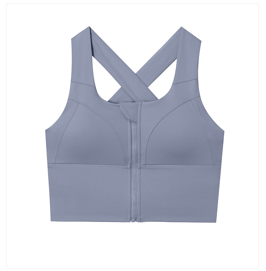 Light blue sports bra with criss-cross back design on a white background