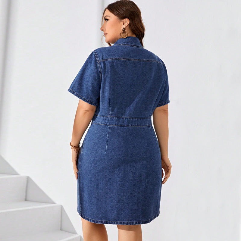 Woman wearing a blue denim dress against a white background Plus size woman wearing collared short sleeve cardigan mid-length dress