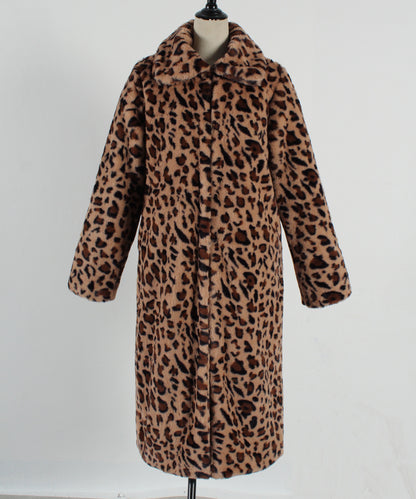Leopard print coat on a mannequin against a white background