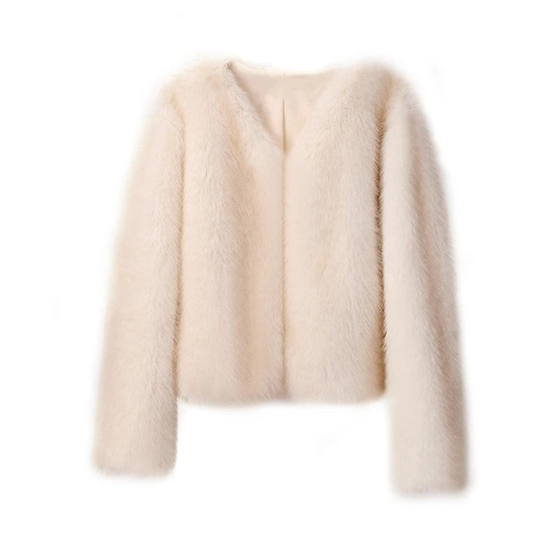 Apricot Golden Tip Plus size woman wearing short fox faux fur casual street coat